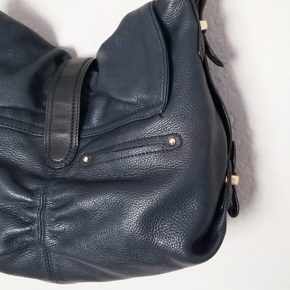 B. Makowsky Navy Blue Black Genuine Leather Shoulder Bag Gold Hardware Hobo Y2K - Picture 9 of 16